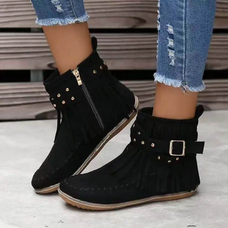 Trendy Women's Winter Ankle Boots with Rivet Tassel Detail