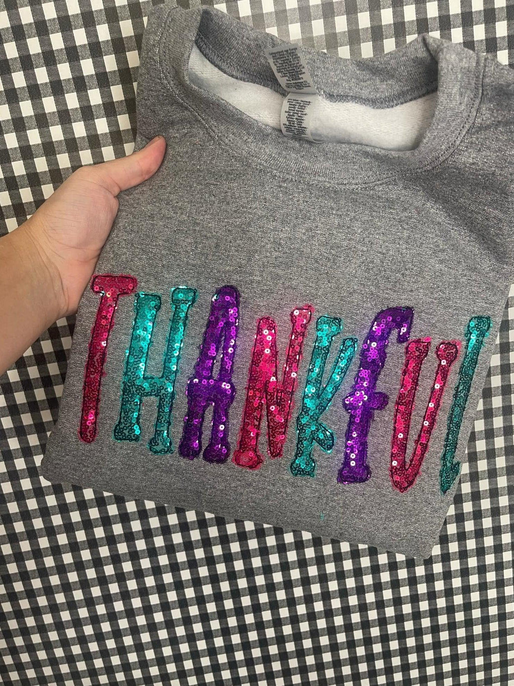 Thankful Colorful Sequin Applique Embroidered Shirt