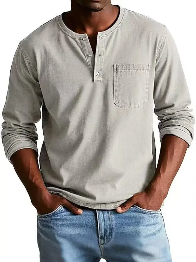 Men's V-neck Long-sleeved Pullover Top with Button Design