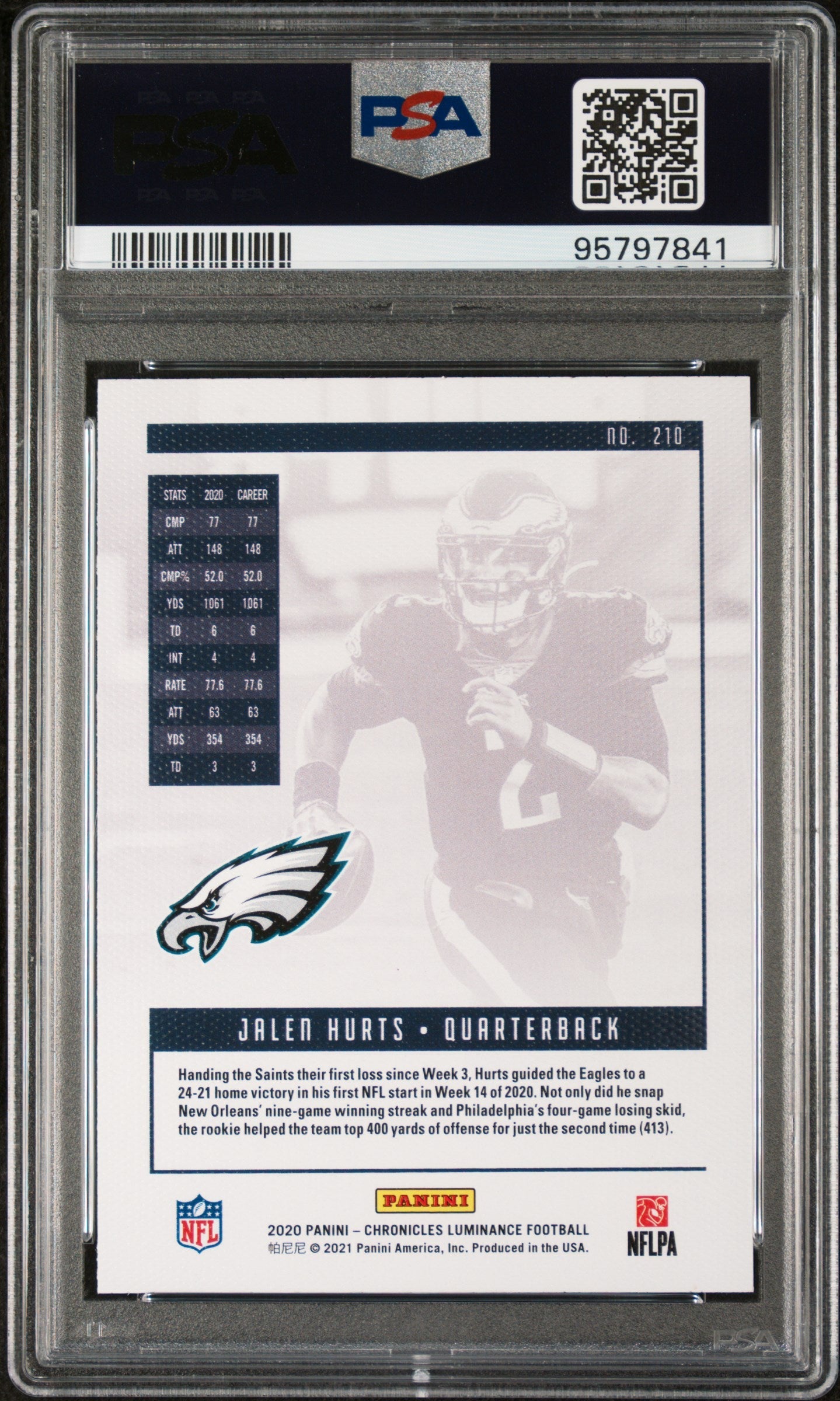 Graded 2020 Panini Chronicles Jalen Hurts #210 Pink Luminance Rookie RC Football Card PSA 10 Gem Mint