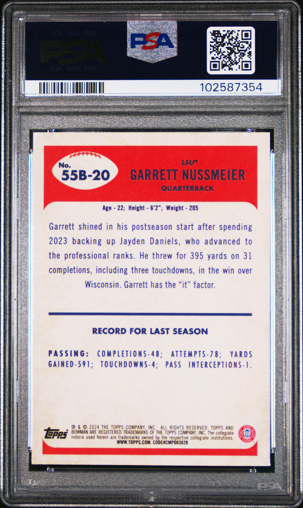 Graded 2024 Topps Bowman U Chrome Garrett Nussmeier #55B20 1955 Bowman Rookie RC Football Card PSA 10 Gem Mint