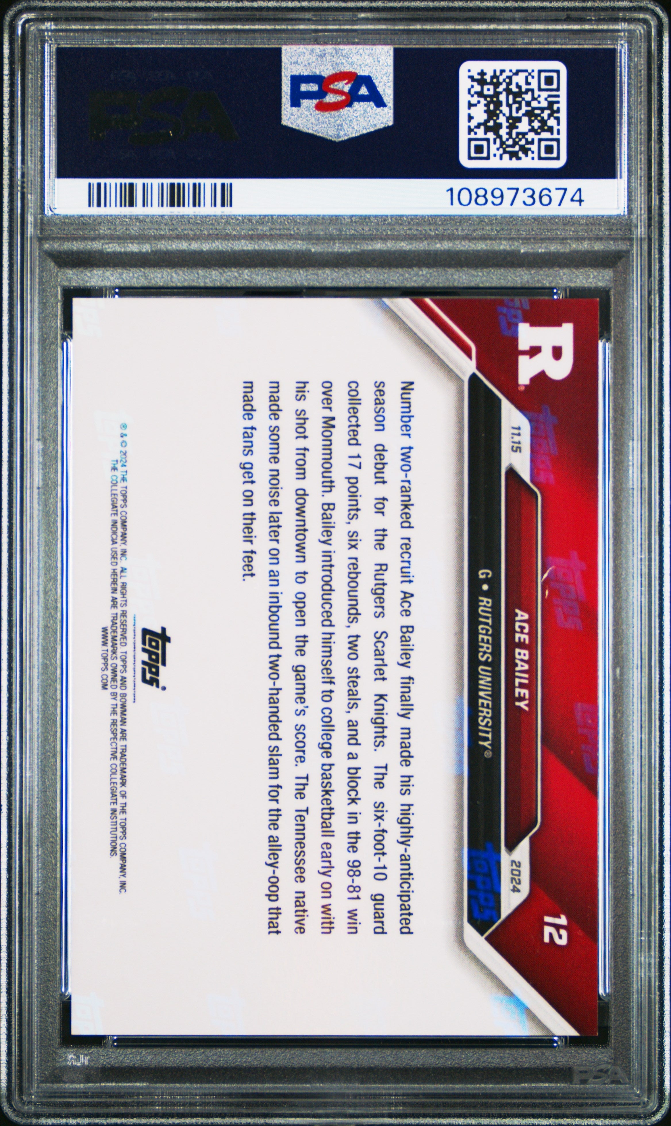 Graded 2024 Topps Bowman U Now Ace Bailey #12 Rookie RC Basketball Card PSA 10 Gem Mint