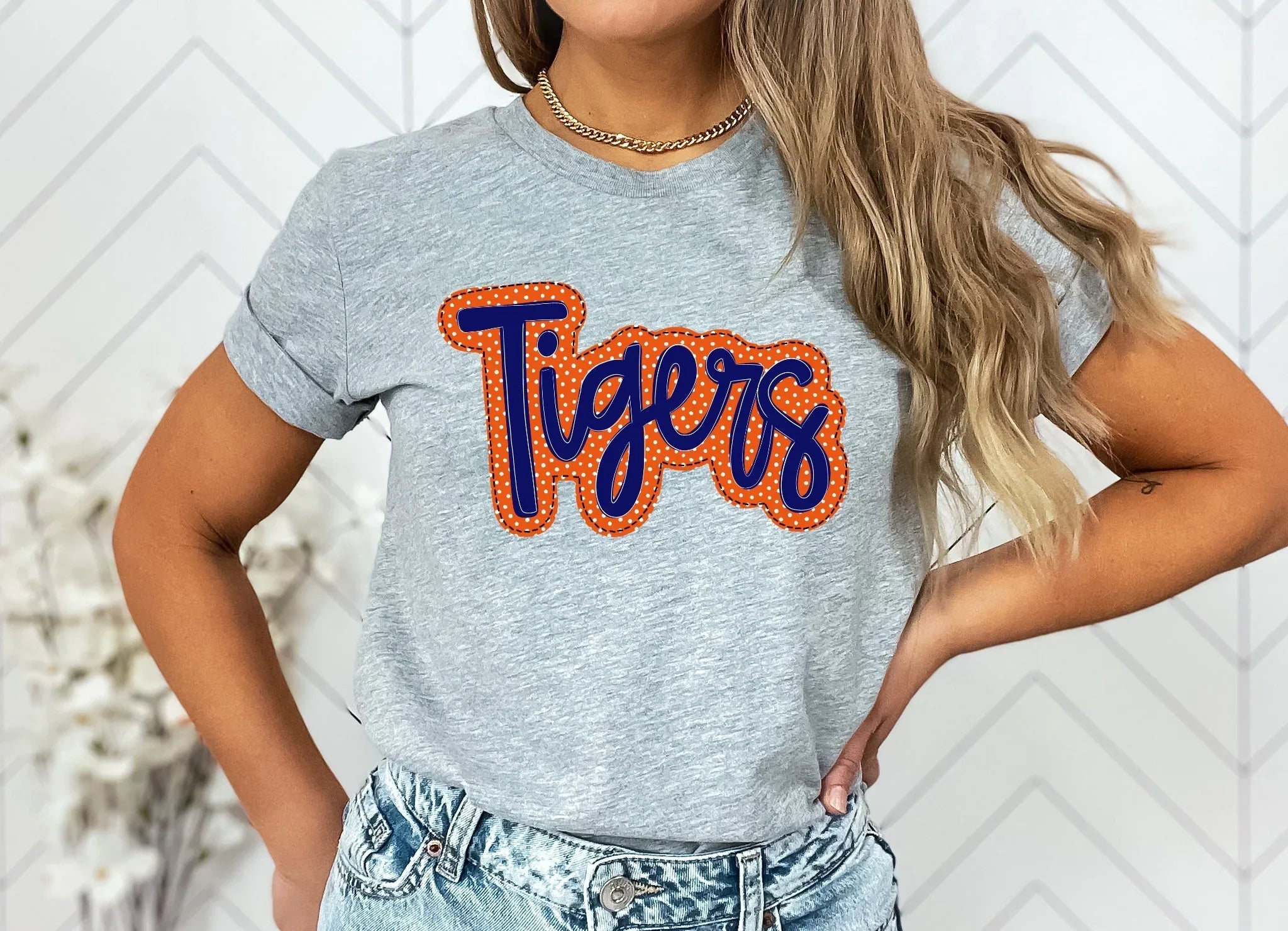 Tigers Navy and Orange Faux Applique Graphic Tee
