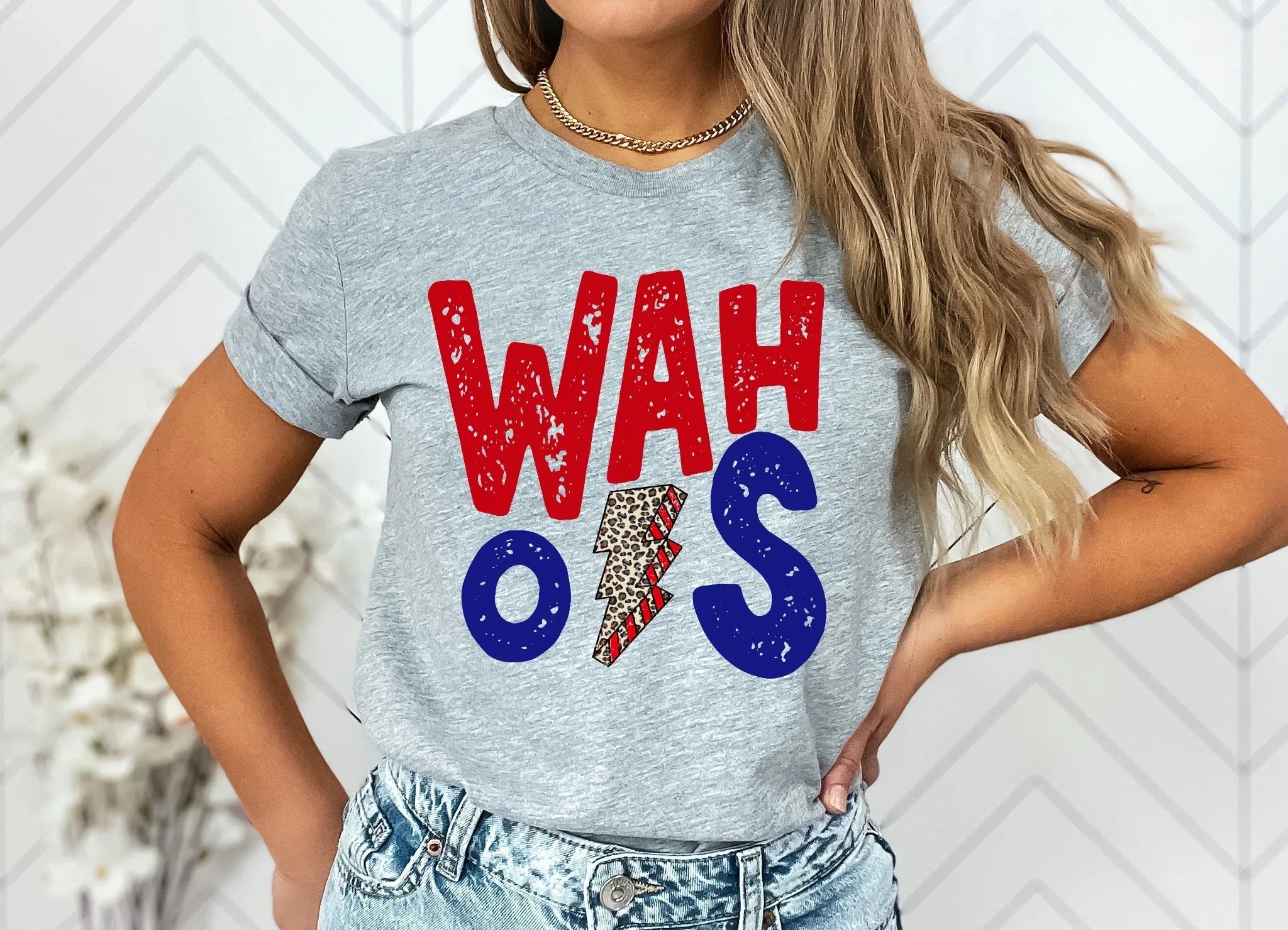 Wahoos Red and Navy Lightning Bolt Graphic Tee