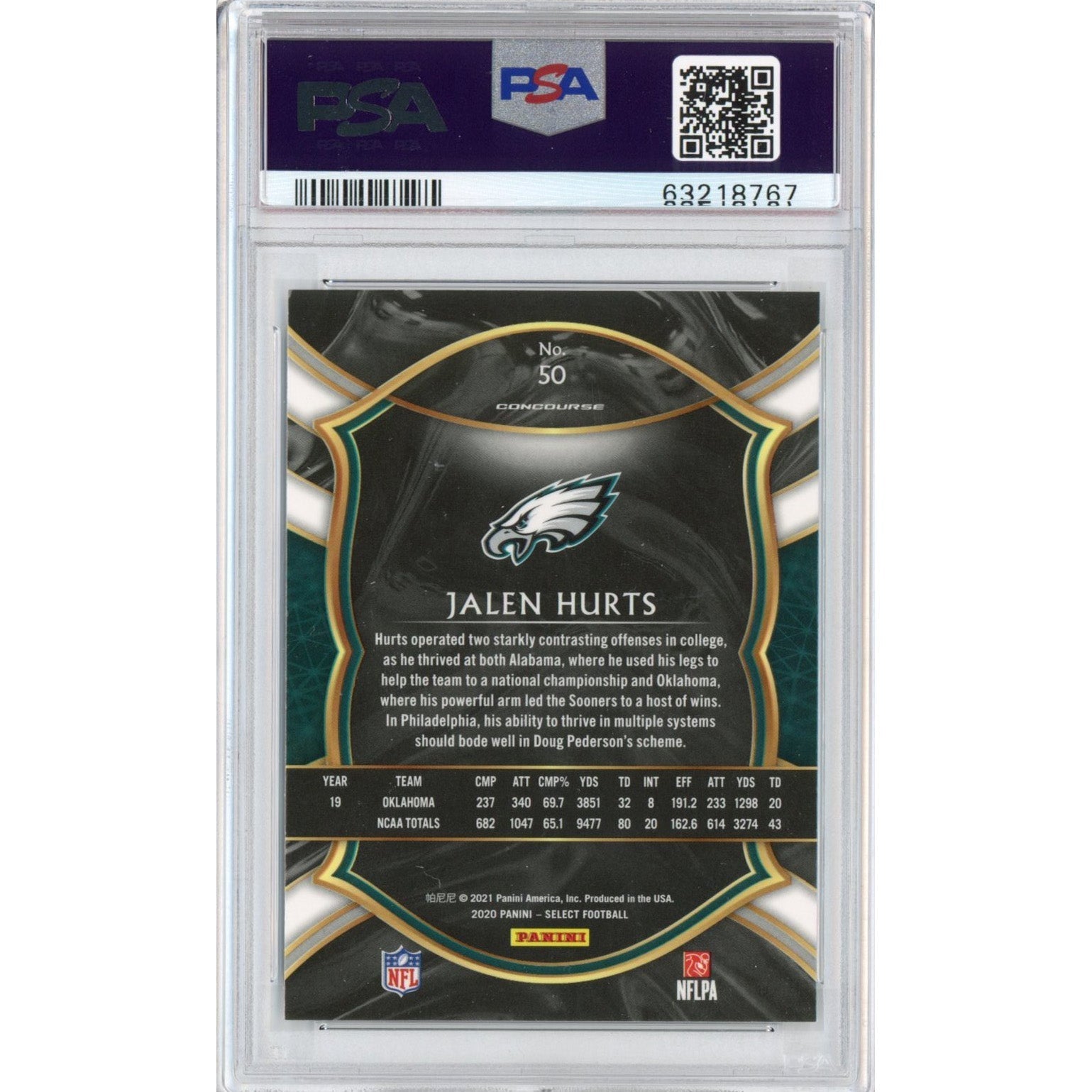 Graded 2020 Panini Select Jalen Hurts #50 Rookie RC Football Card PSA 10 Gem Mint