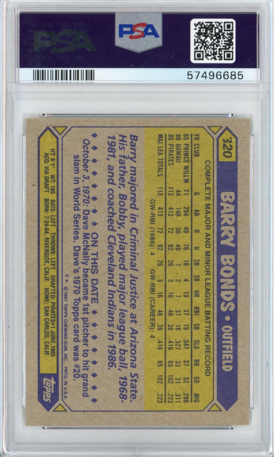 Graded 1987 Topps Barry Bonds #320 Rookie RC Baseball Card PSA 10 Gem Mint