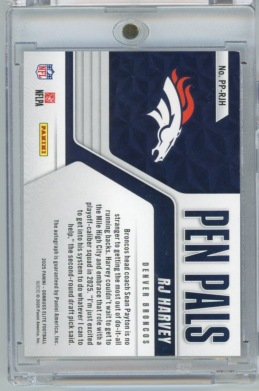 2025 Donruss Elite Pen Pals RJ Harvey #PPRJH Auto Rookie RC Football Card