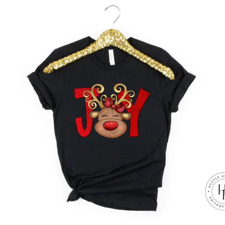 JOY Red Reindeer with Bow Christmas Graphic Tee