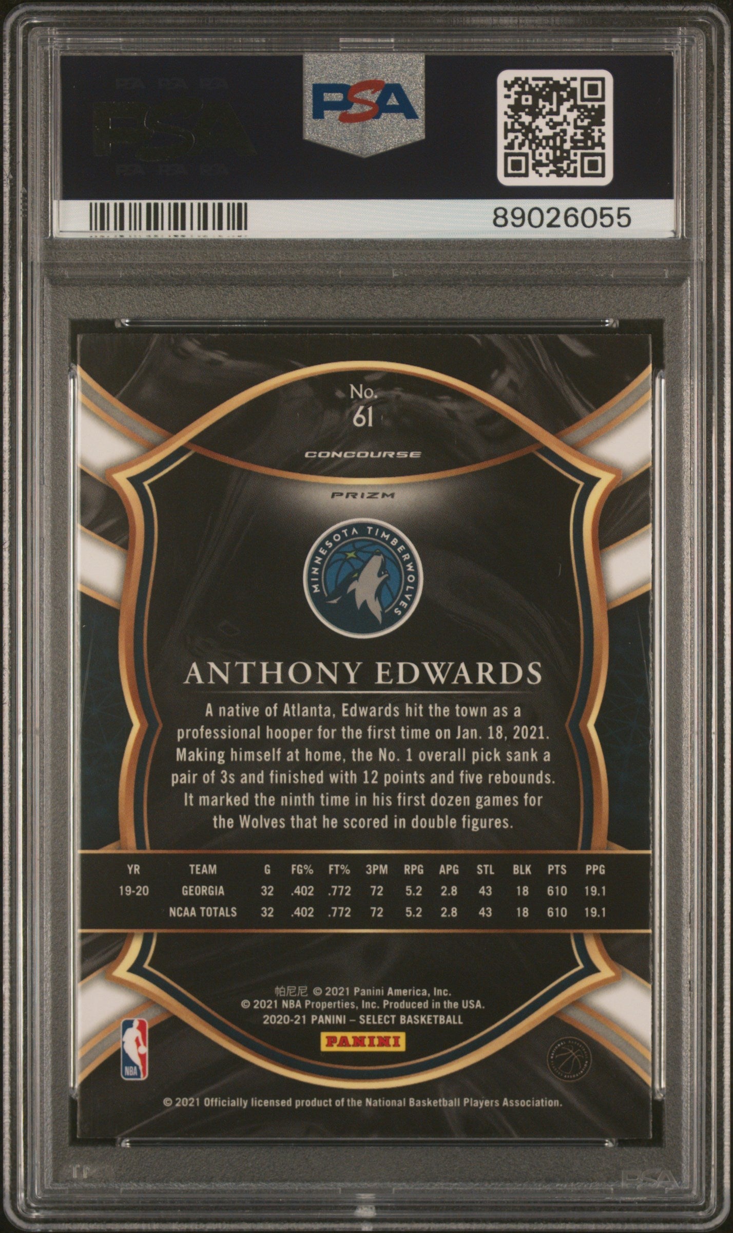 Graded 2020-21 Panini Select Anthony Edwards #61 Blue Prizm Rookie RC Basketball Card PSA 10 Gem Mint