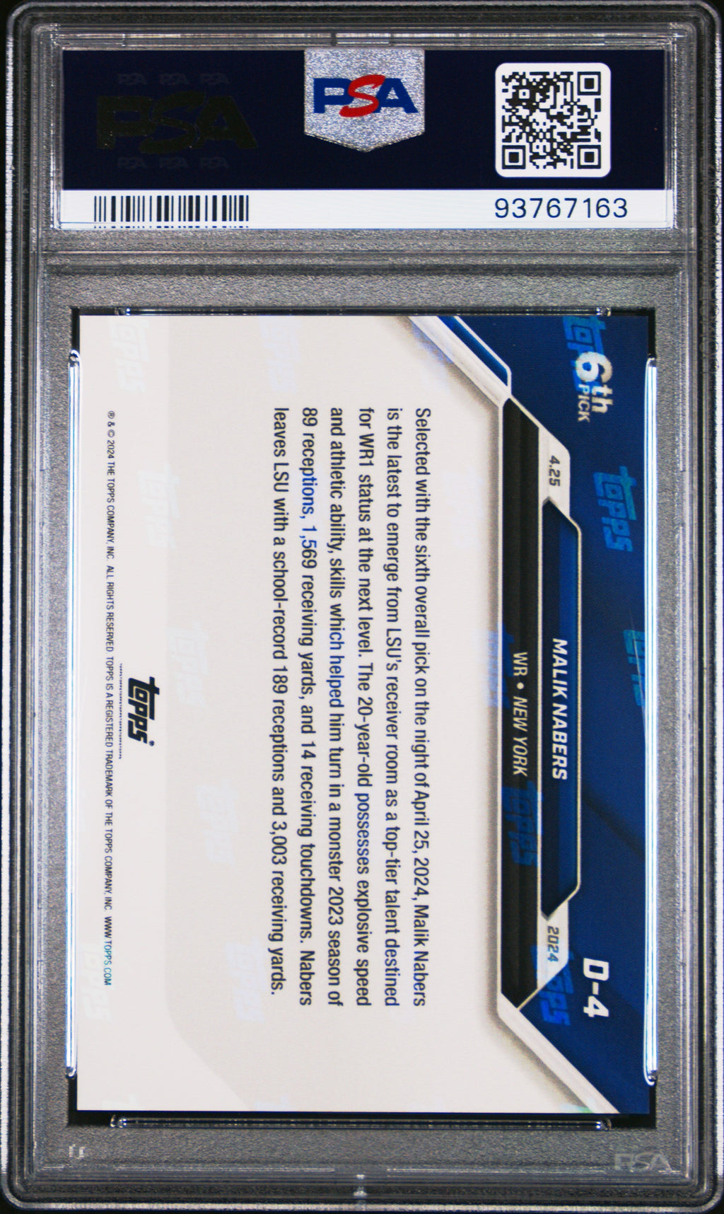 Graded 2024 Topps Now Malik Nabers #D4 Rookie RC Football Card PSA 10 Gem Mint