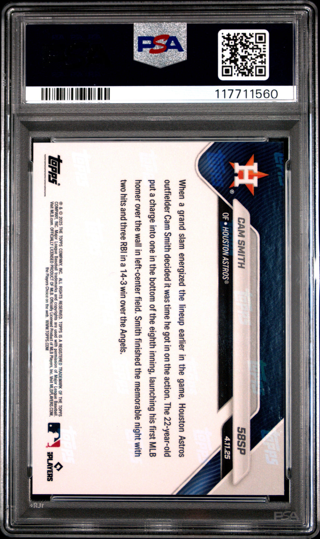 Graded 2025 Topps Now Cam Smith #58SP Rookie RC Baseball Card PSA 10 Gem Mint