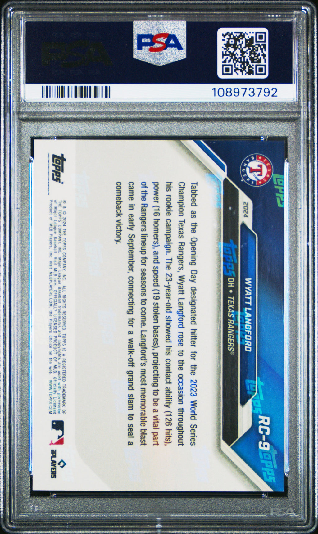 Graded 2024 Topps Now Wyatt Langford #RC9 Rookie Cup Team Set Orange /5 Rookie RC Baseball Card PSA 10 Gem Mint