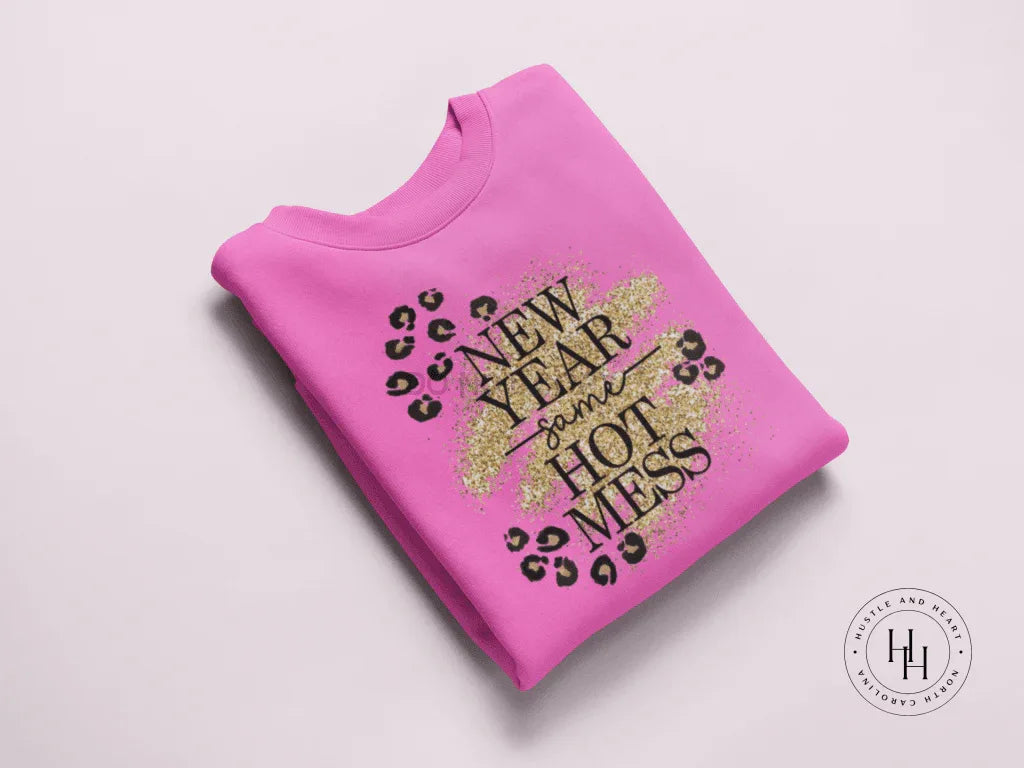 New Year Same Hot Mess Gold Faux Glitter and Leopard Celebration Graphic Tee or Sweatshirt