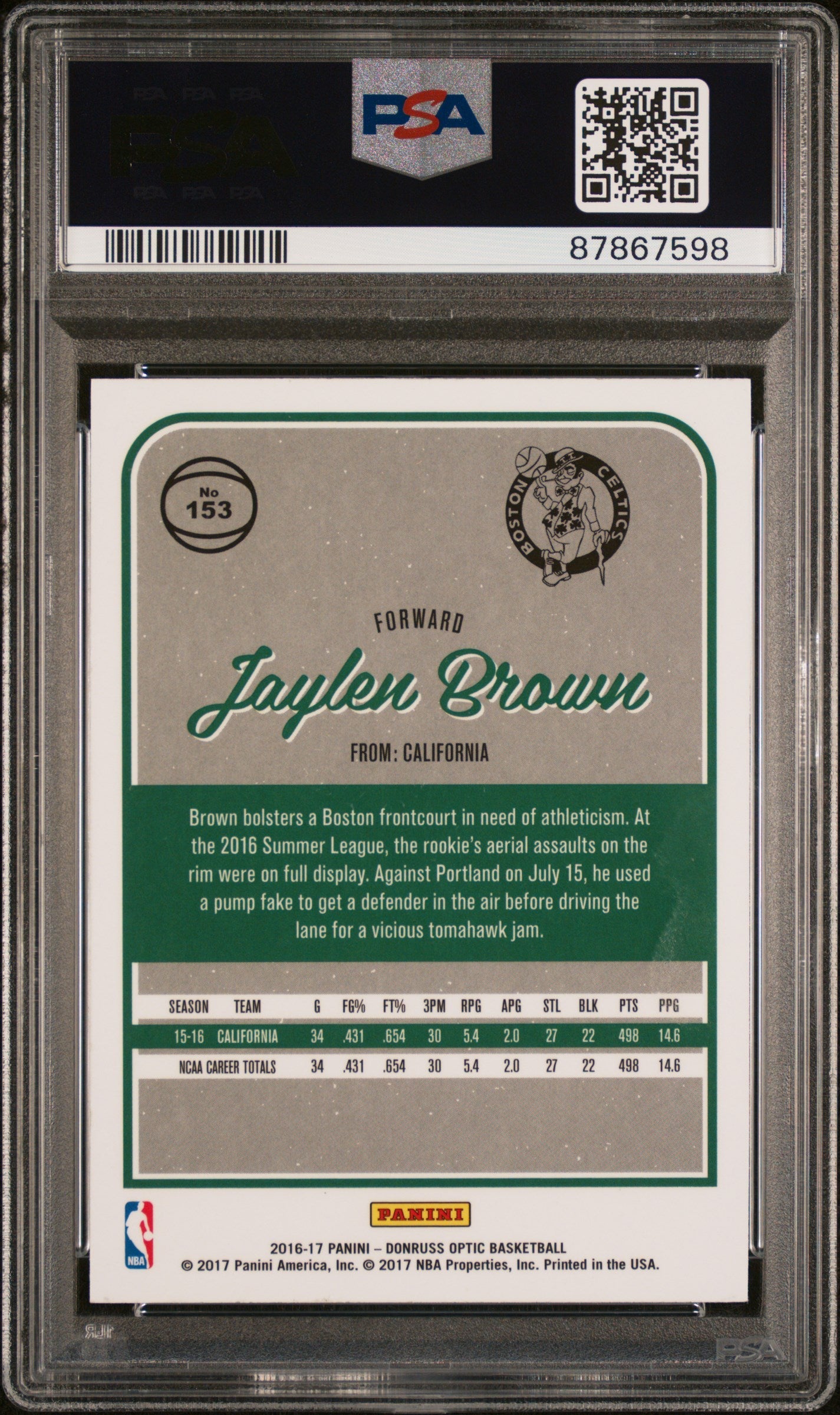 Graded 2016 Panini Donruss Optic Jaylen Brown #153 Rookie RC Basketball Card PSA 10 Gem Mint