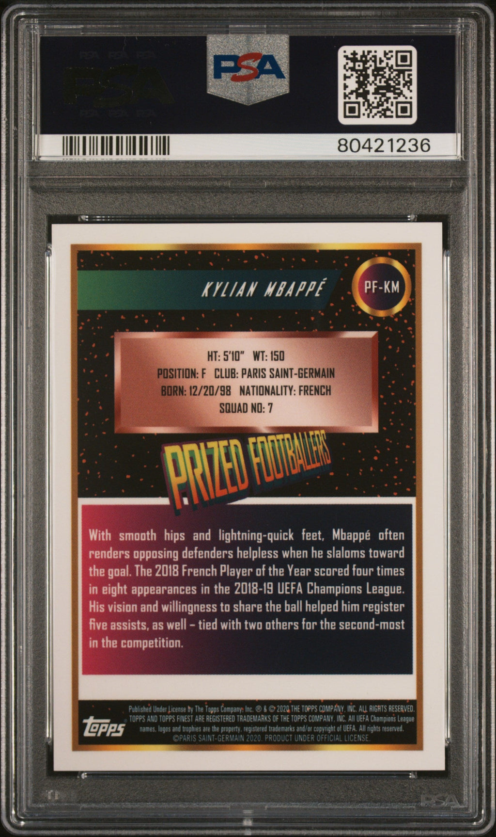 Graded 2019 Topps Finest UCL Kylian Mbappe #PFKM Prized Footballers Soccer Card PSA 10 Gem Mint