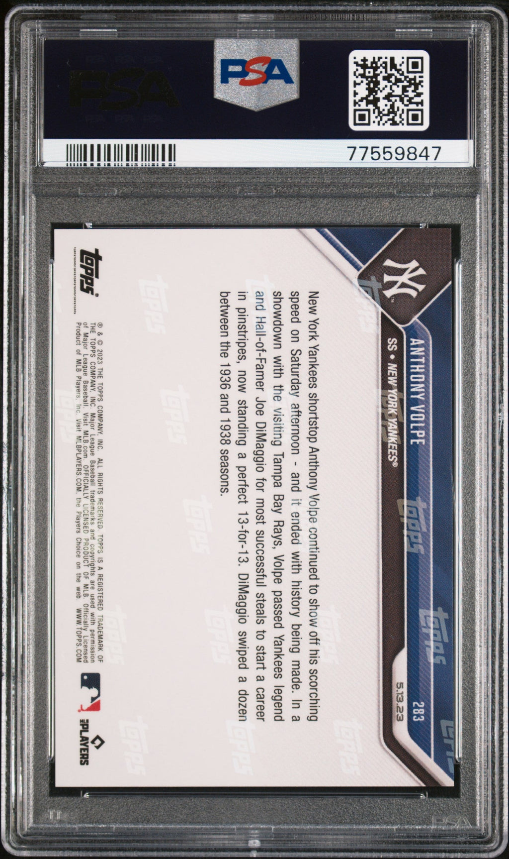 Graded 2023 Topps Now Anthony Volpe #283 Rookie RC Baseball Card PSA 10 Gem Mint