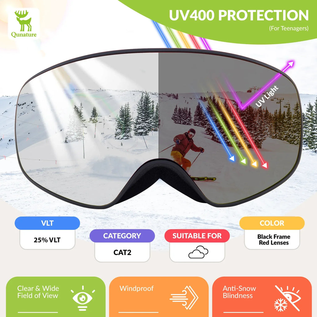 Kids Anti-fog Ski Goggles with UV400 Protection for Pre-teens & Teenagers
