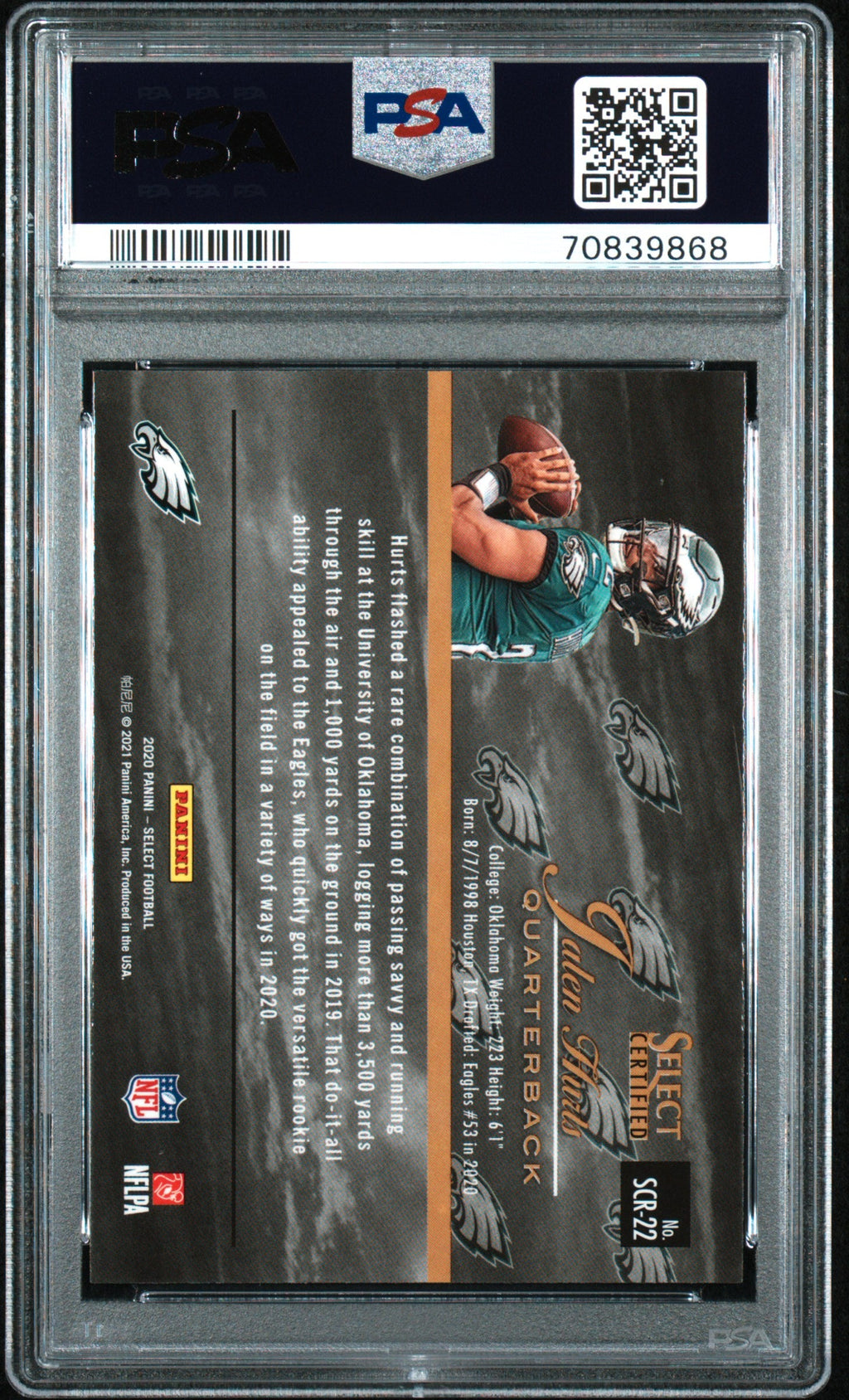 Graded 2020 Panini Select Jalen Hurts #SCR20 Select Certified Rookies Rookie RC Football Card PSA 10 Gem Mint