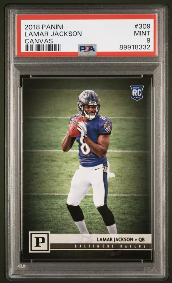 Graded 2018 Panini Lamar Jackson #309 Canvas Rookie RC Football Card PSA 9 Mint