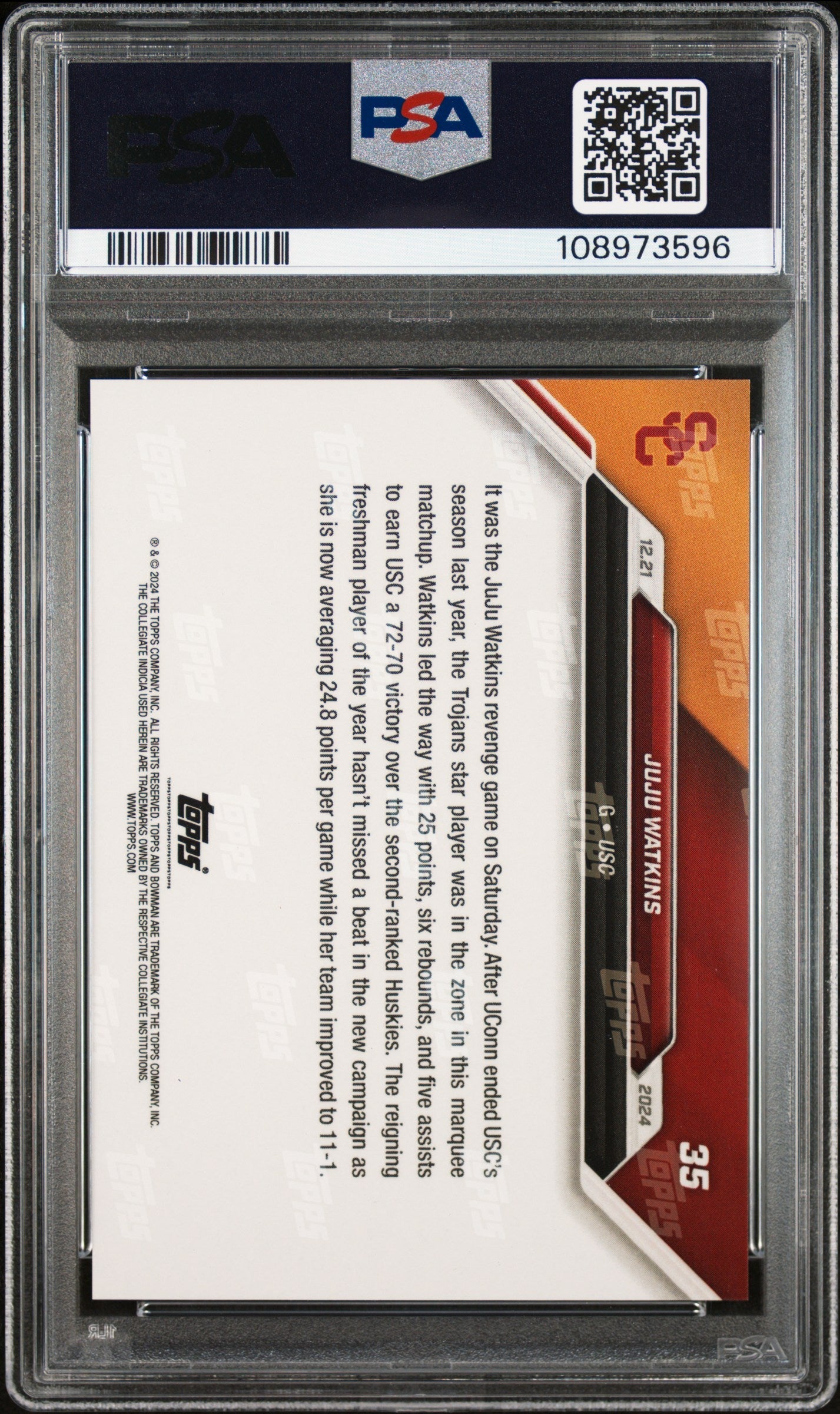 Graded 2024 Topps Bowman U Now JuJu Watkins #35 Rookie RC Basketball Card PSA 10 Gem Mint