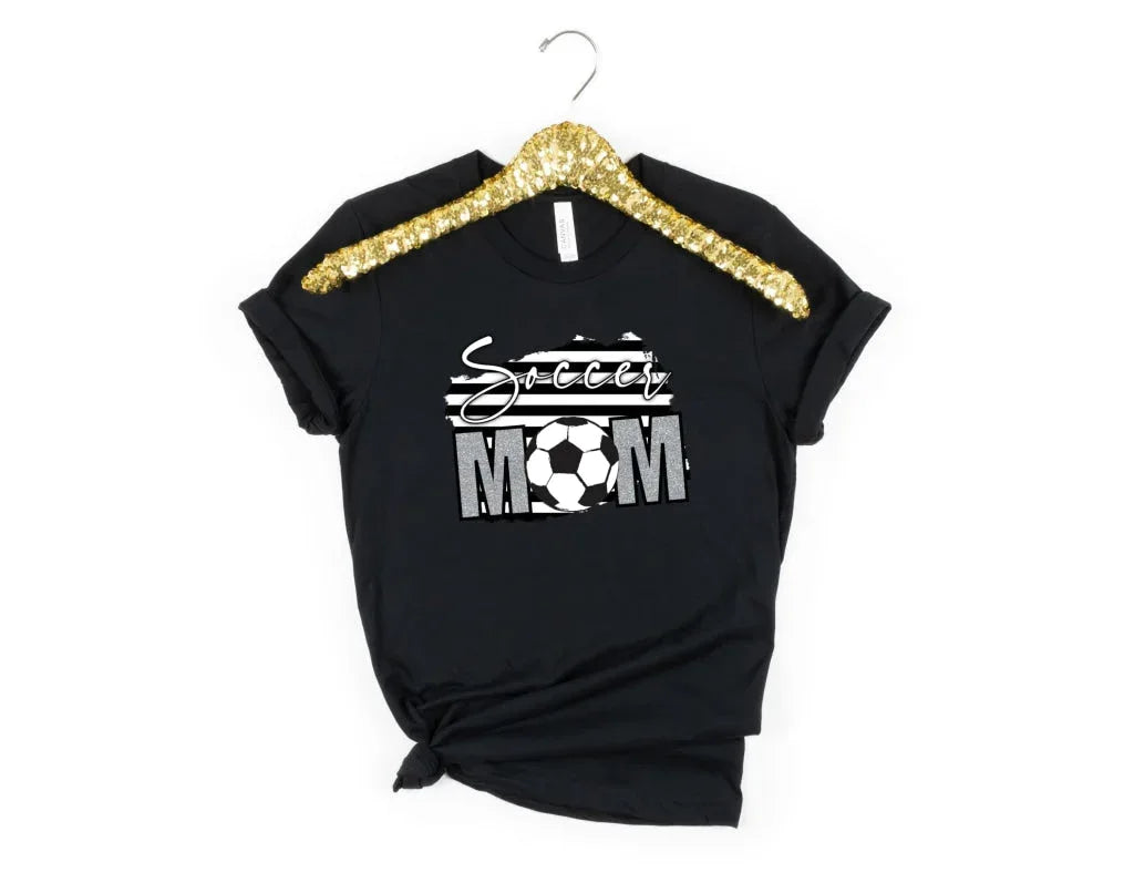 Soccer Mom Black and White with Silver Faux Glitter Graphic Tee