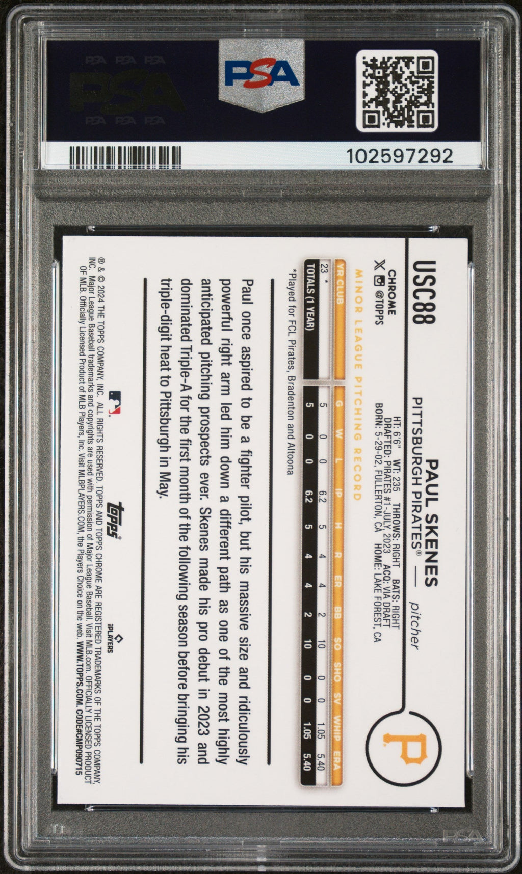 Graded 2024 Topps Chrome Update Paul Skenes #USC88 Rookie RC Baseball Card PSA 8 Near Mint
