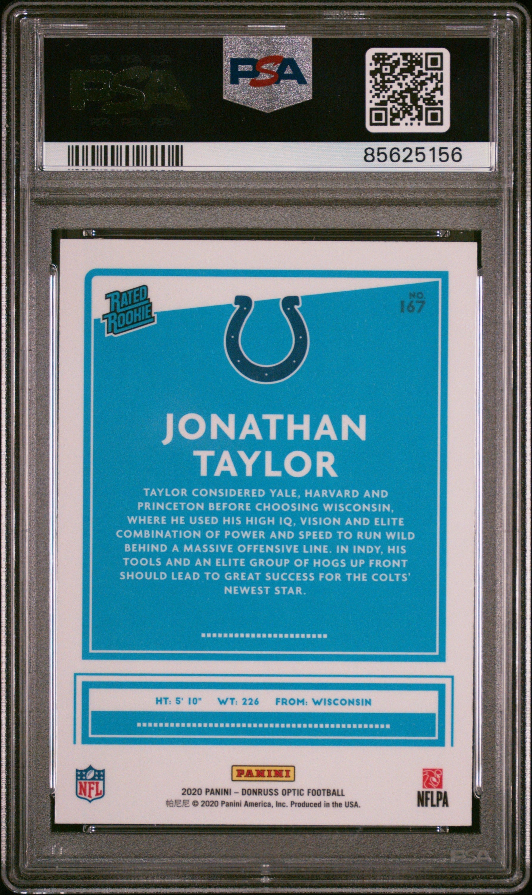 Graded 2020 Panini Donruss Optic Jonathan Taylor #167 Rookie RC Football Card PSA 10 Gem Mint