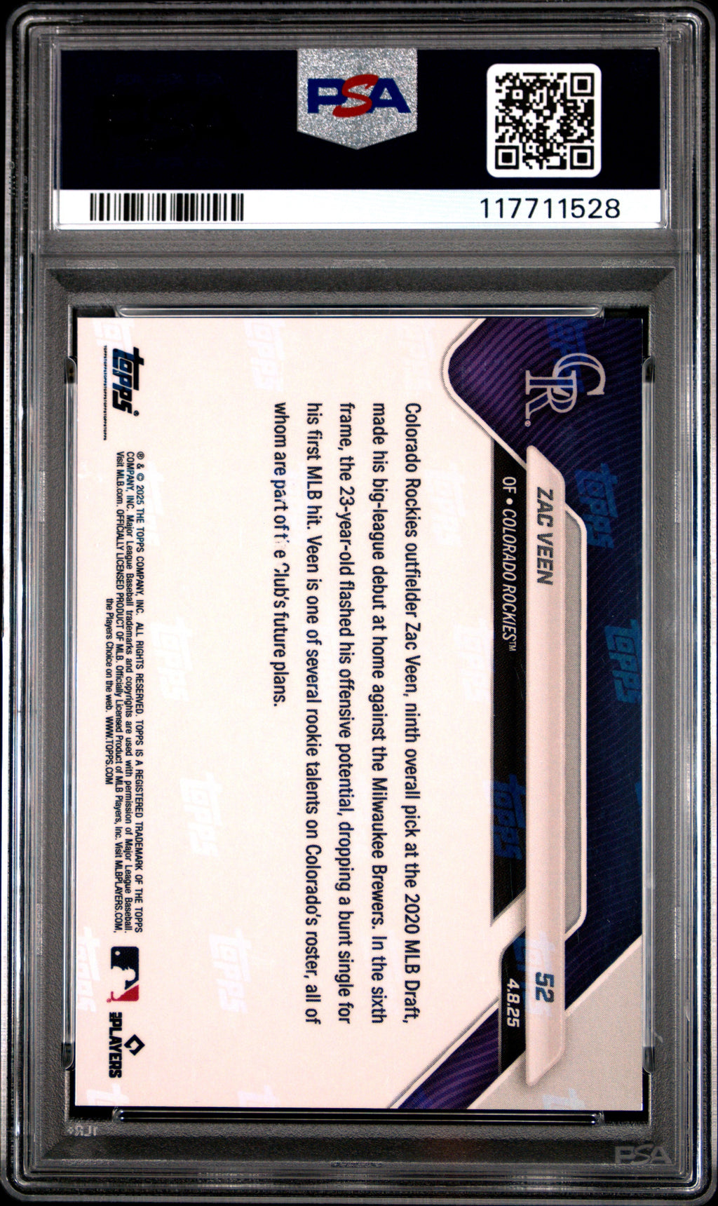 Graded 2025 Topps Now Zac Veen #52 Orange Foil /25 Rookie RC Baseball Card PSA 10 Gem Mint